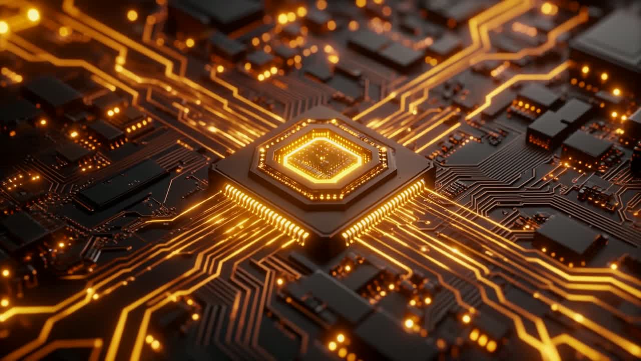 Abstrakt digitalt kredsløbskort med glødende processor og dataflow