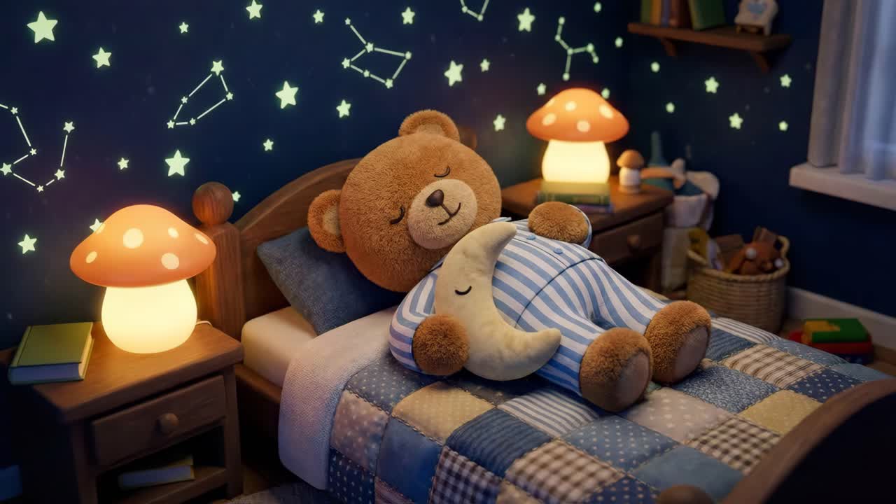 Orsetto di peluche che dorme nel letto con la luna