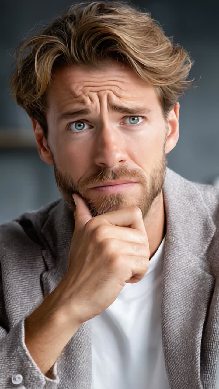 A thoughtful man contemplating deeply, showcasing a blend of curiosity and concern as he reflects on a significant question or dilemma in his life