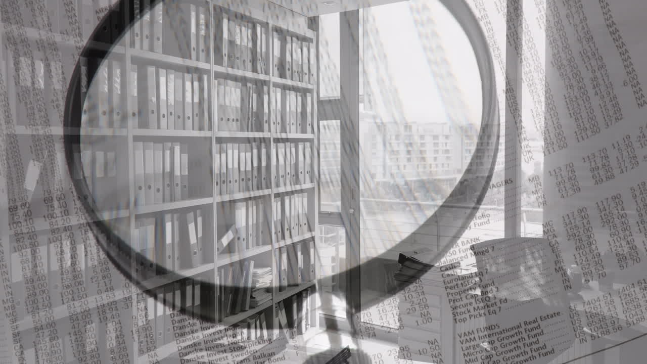 빈 사무실 위의 독서 유리 및 텍스트의 애니메이션