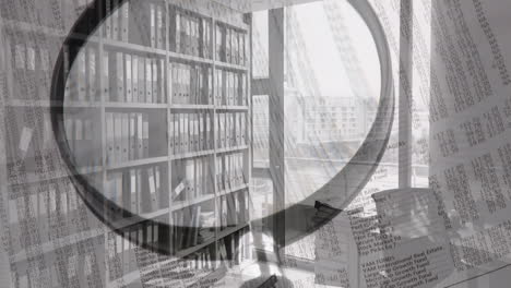 animación de vidrio de lectura y texto sobre una oficina vacía