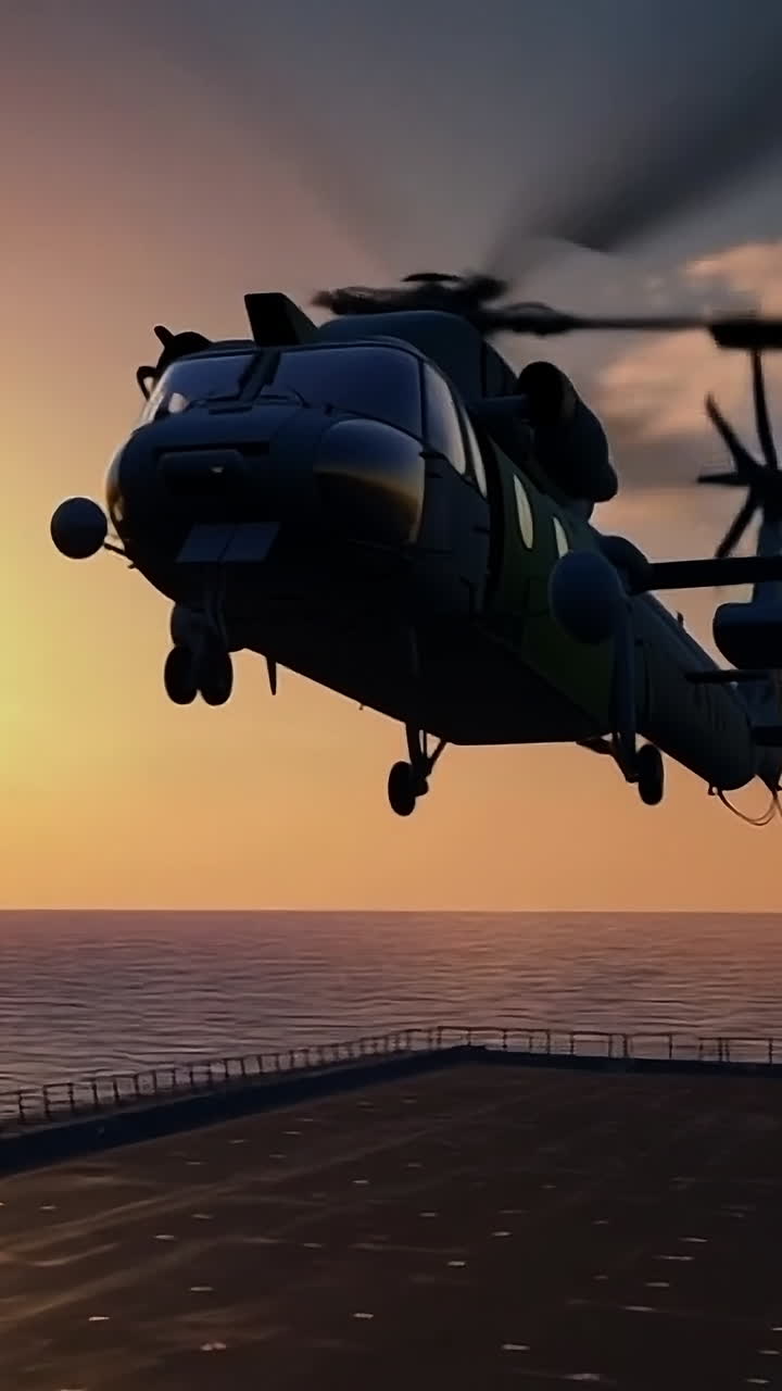 Chopper takes off at sunset