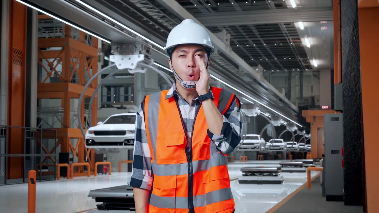 공장 노동자가 조립 라인에서 속삭이고 있습니다.