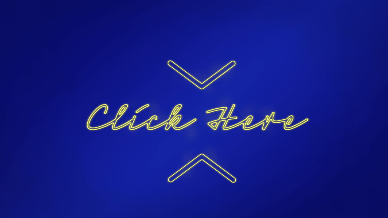 네온 노란색의 애니메이션은 파란색 배경에 텍스트 배너를 여기를 클릭하십시오.