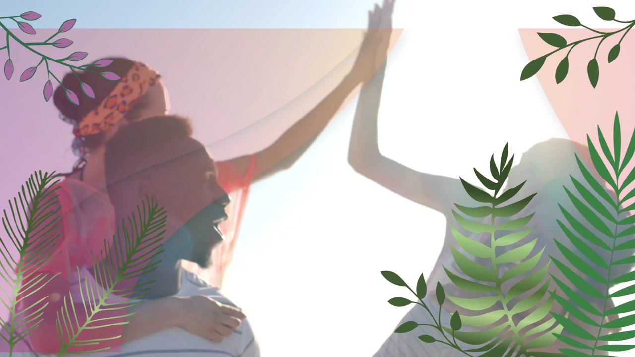 Hombres cargando mujeres, el sol impulsando un choca esos cinco bajo una vela rosa con una superposición de hojas sobre anuncios de viajes en grupo.