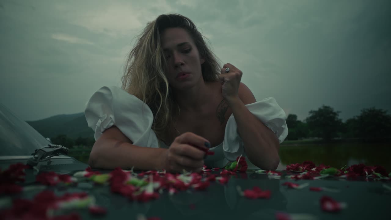 Woman with Flowers on Car
