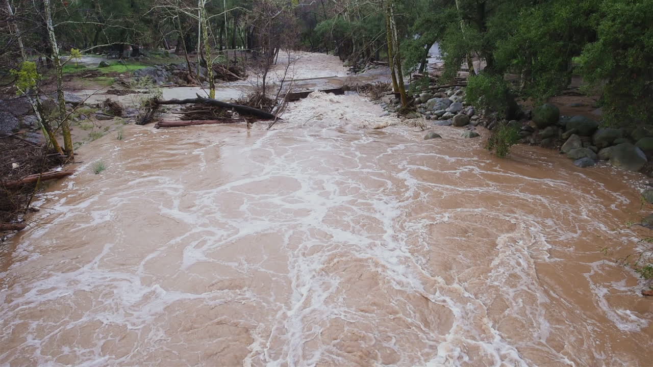 A creek begins to flood during a large storm