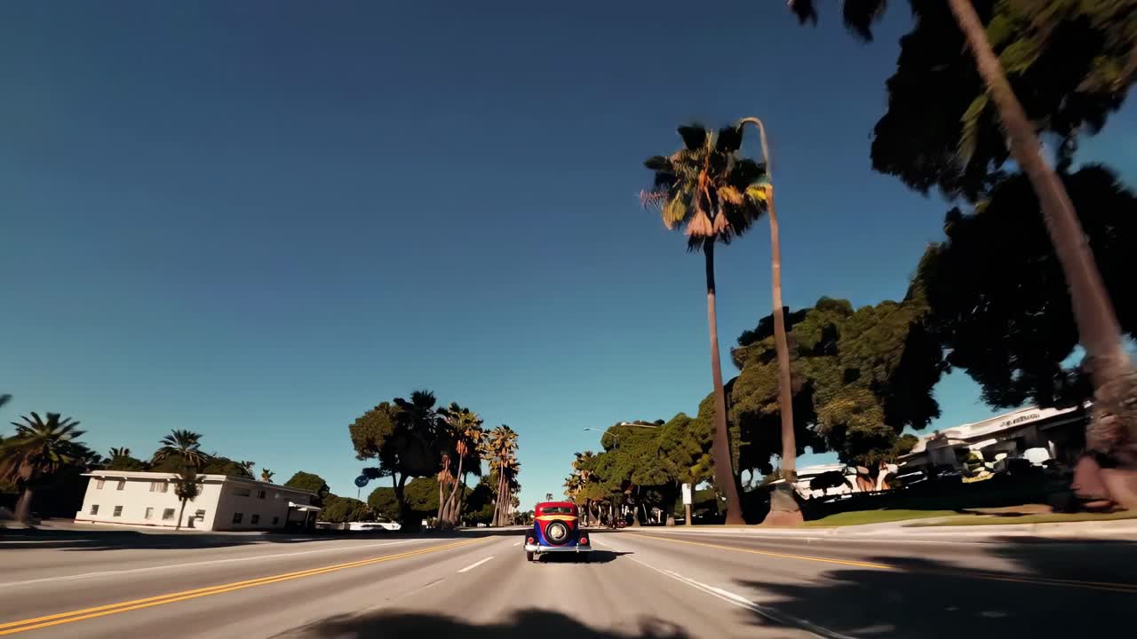 Un'auto d'epoca percorre una strada fiancheggiata da palme sotto un cielo azzurro e limpido.