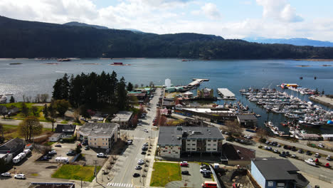 Flying-Towards-The-Port-Alberni-Marina-In-Daytime-In-Vancouver-Island,-BC,-Canada