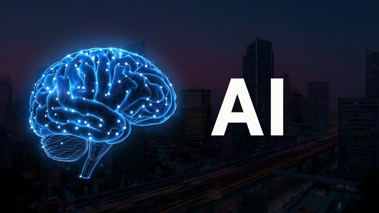 Glowing brain graphic pulsing lights over dusk highway, AI text highlighting technology, copy space