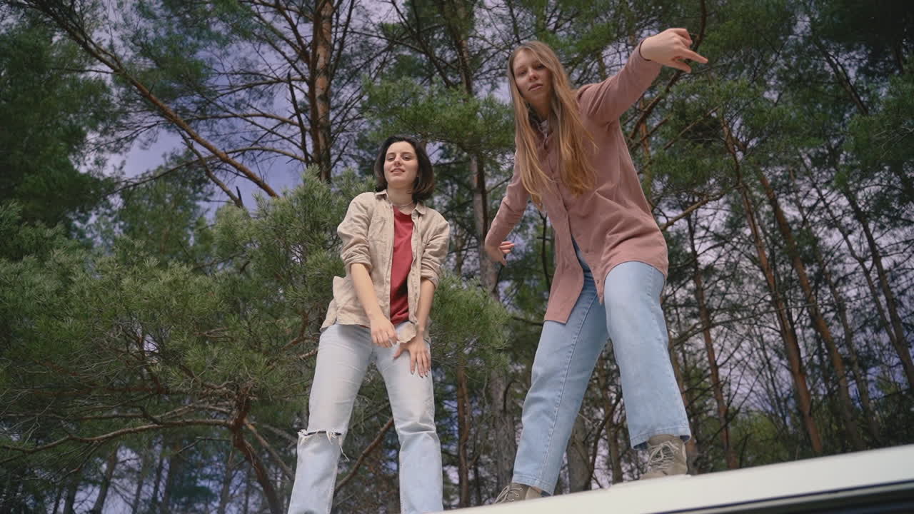 Due giovani amiche fanno le sciocche sul tetto di un camper in mezzo alla foresta, guardando la fotocamera.