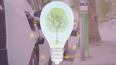 en un árbol de bombilla sobre la bandera de la unión europea y cargando un coche eléctrico