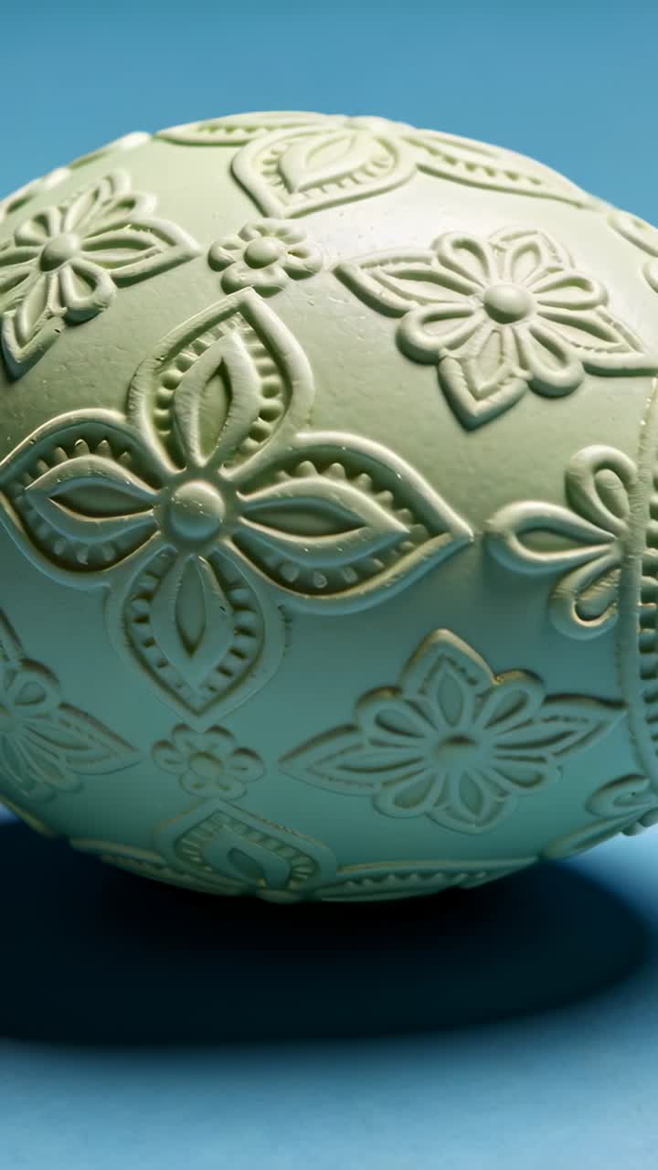 Vertical video: Panning camera upward revealing embossed sphere on blue table showing floral motifs