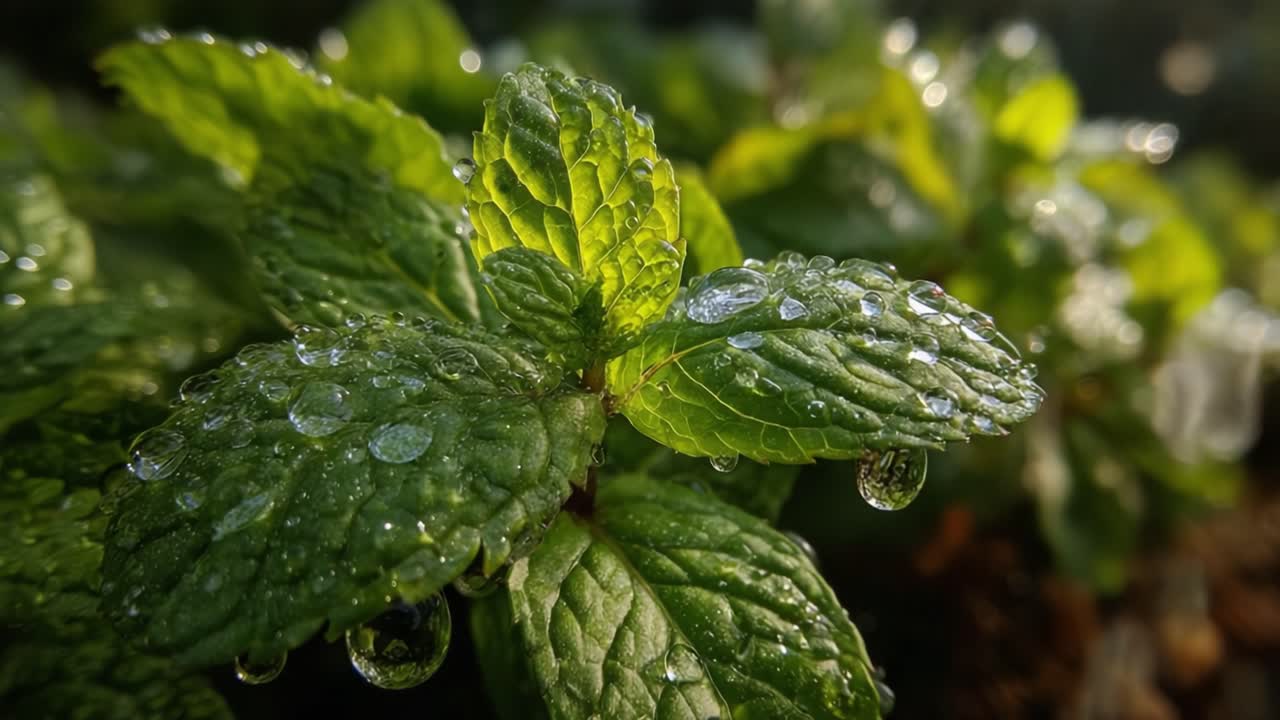 Close-up of Fresh Mint Leaves Glimmering with Dew Drops, Capturing the Beauty of Nature in Morning Light