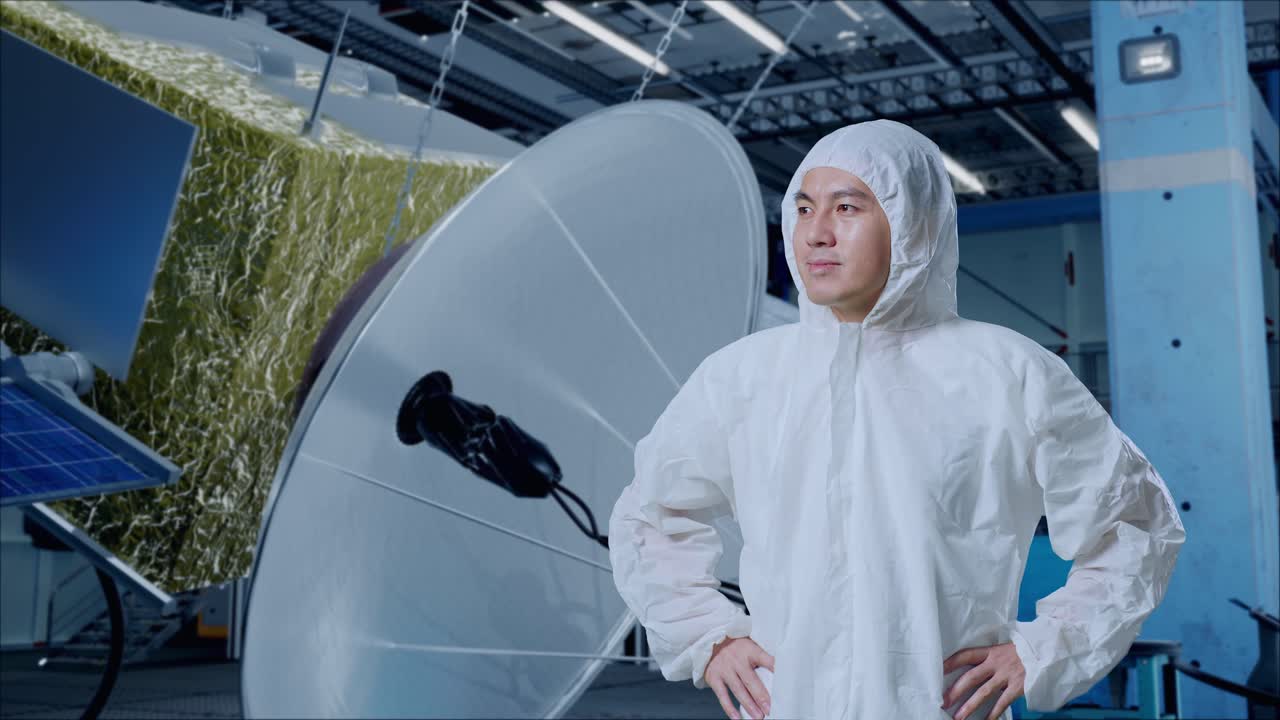 아시아 남성 과학자가 이에 손을 고 우주선 건설을 둘러보고 있습니다.