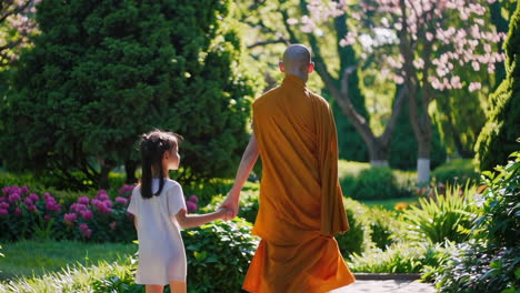 monk and child walking in a garden