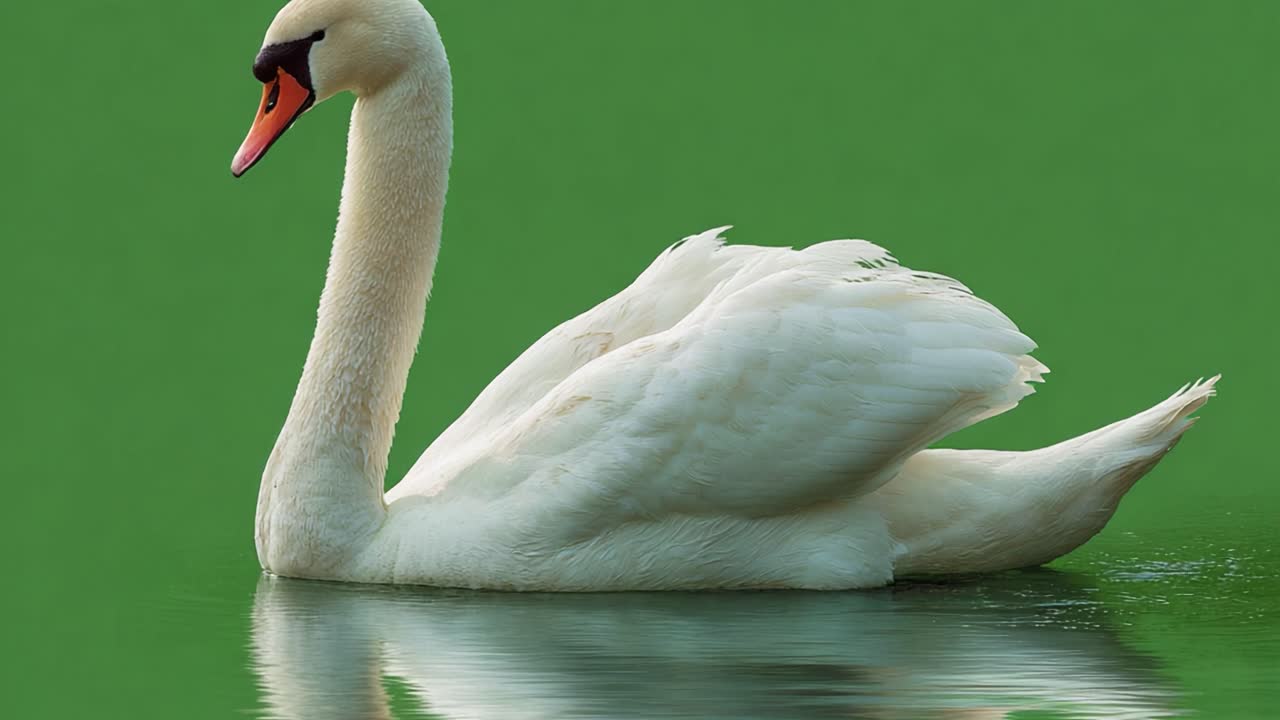 Elegant White Swan Gliding Gracefully Across A Calm Body Of Water With Reflections, Set Against A Vibrant Green Background, Showcasing Nature's Beautiful Serenity
