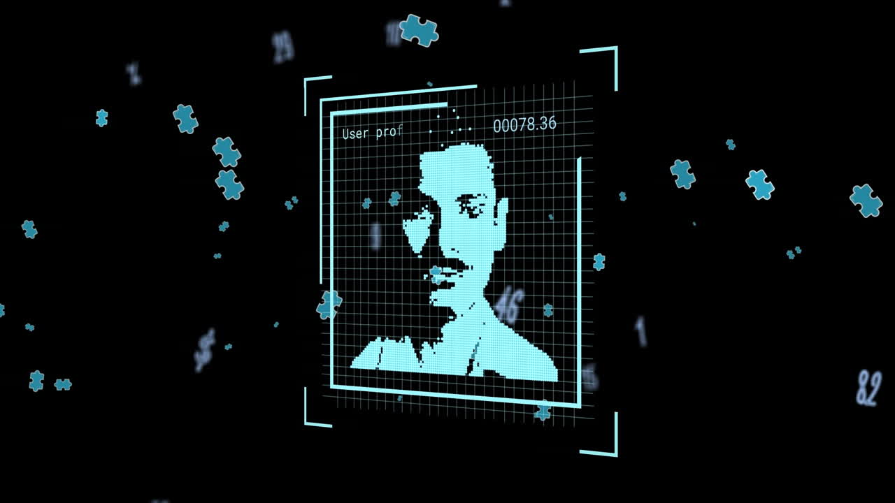 어두운 배경에 떨어지는 달러 기호와 숫자 위에 디지털 프로필 이미지의 애니메이션