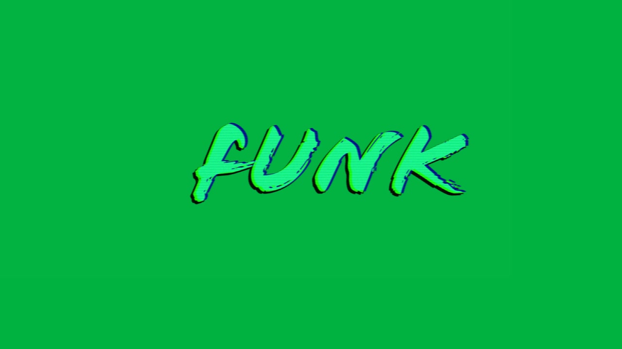 Animazione di testo "funk" con lettere verdi tremolanti su sfondo bianco.
