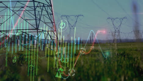 Animation-of-financial-data-processing-over-electric-pylons-in-countryside