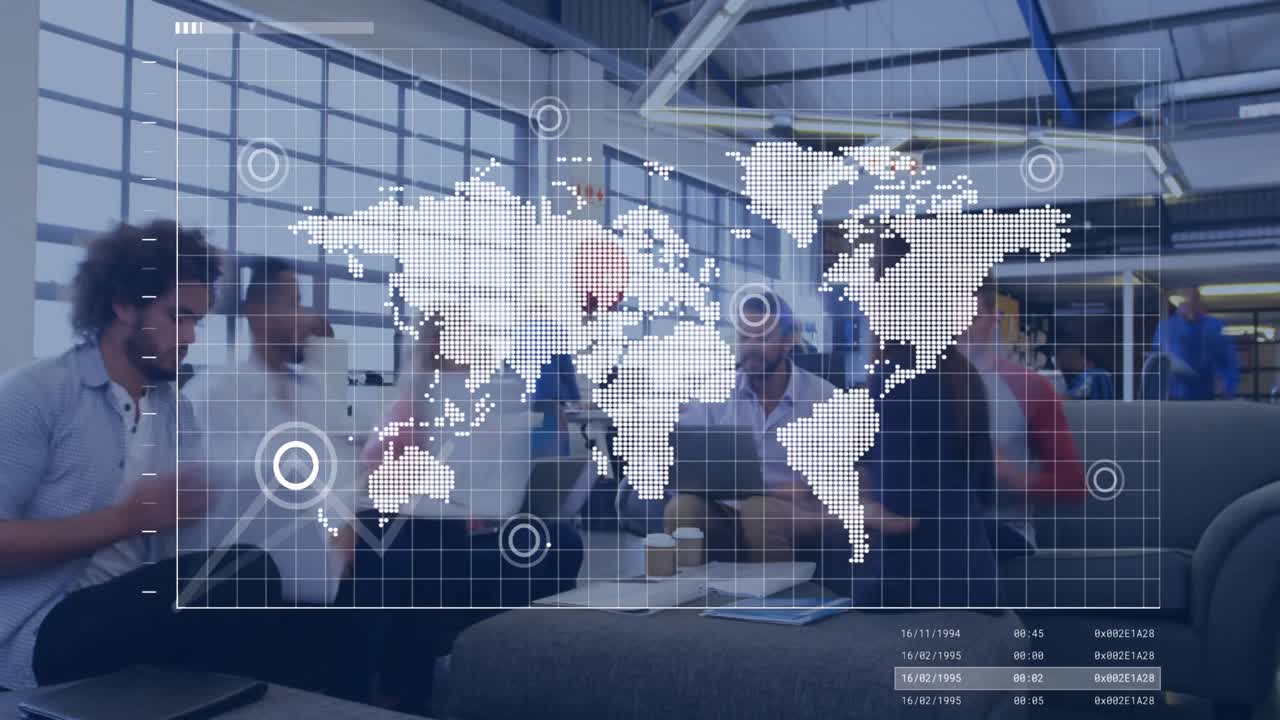 Animation of financial data processing over diverse group of business people