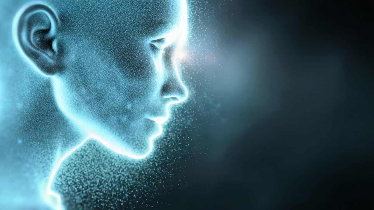 A mesmerizing exploration of a digital being's profile, illuminated by ethereal light and surrounded by particles that evoke a sense of futuristic consciousness