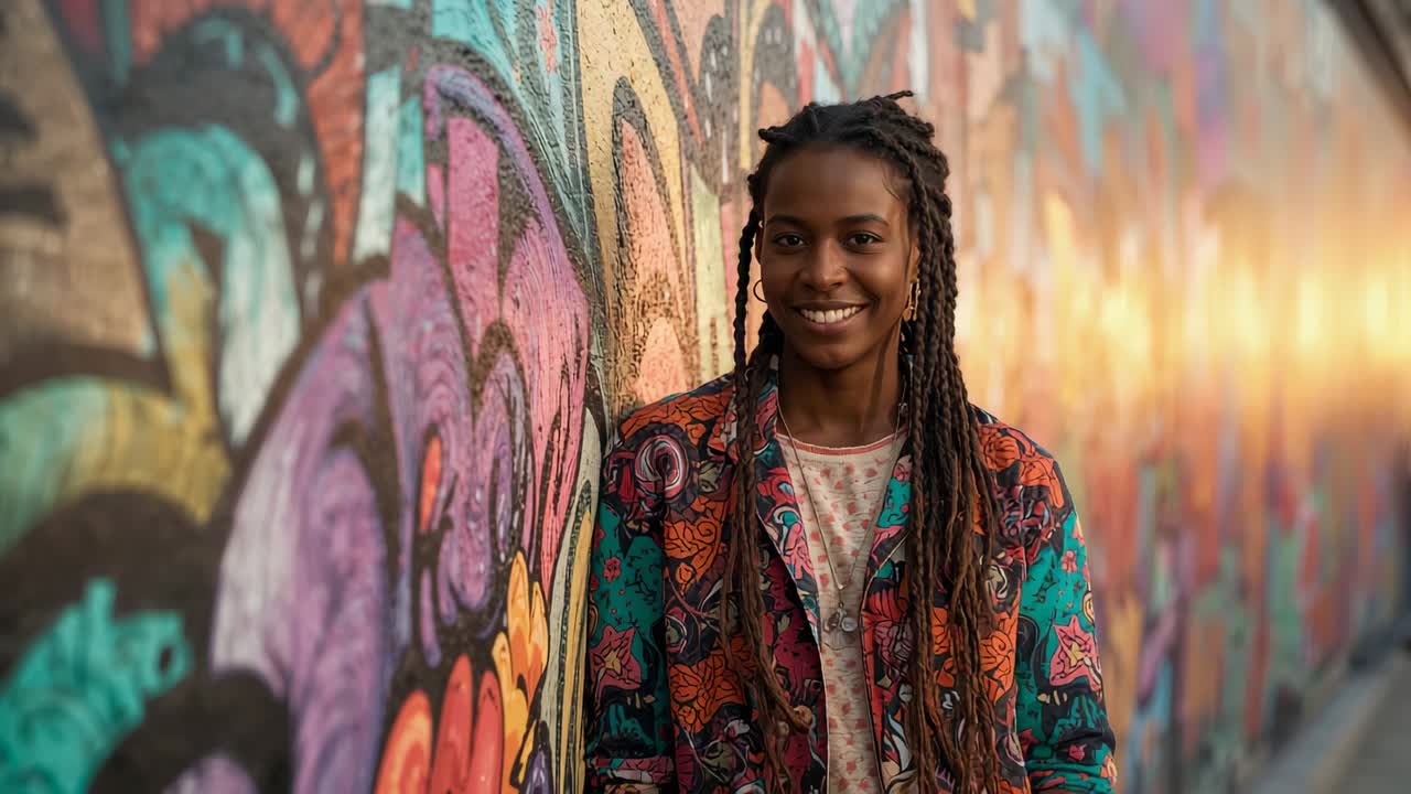 Smiling woman with braids wearing bright jacket leaning on graffiti, camera shooting smile widening