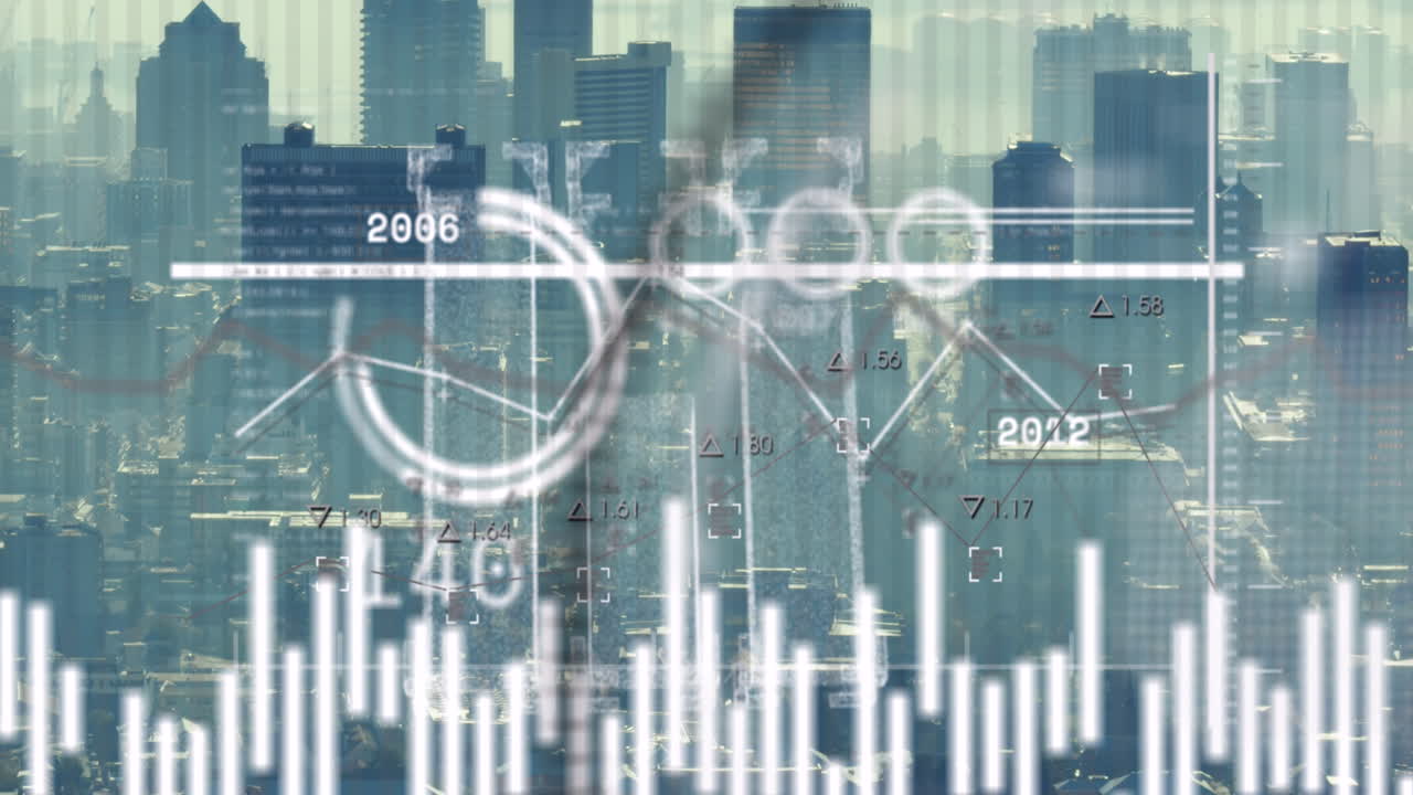 animación del efecto de glitch en la interfaz con el procesamiento de datos sobre el globo frente a la vista del paisaje urbano