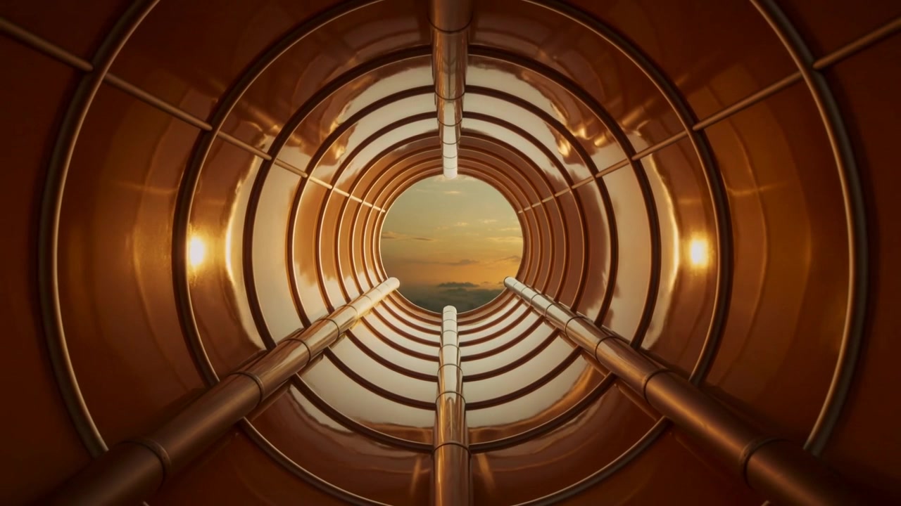Pulling camera back revealing glossy ribbed tunnel interior at sunset, showing converging pipes
