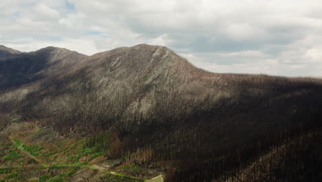 aerial arc shot of mountainside devastated by raging british columbia wildfires