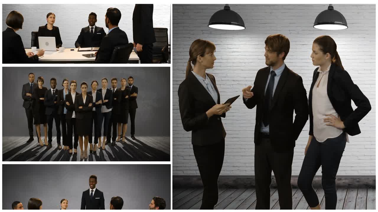 множественный экран, показывающий бизнесменов, ведущих дискуссию