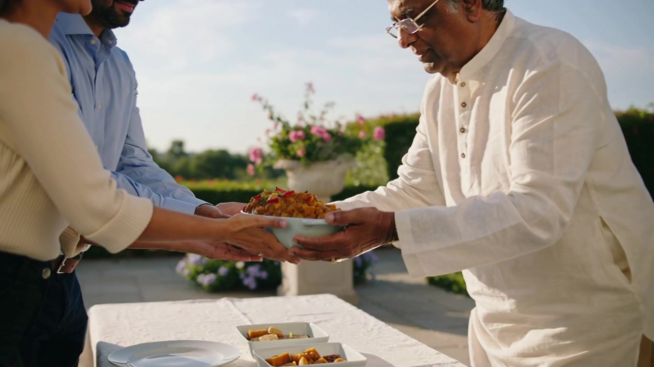 Leaning, lifting senior man white kurta serving large bowl to adults on garden terrace