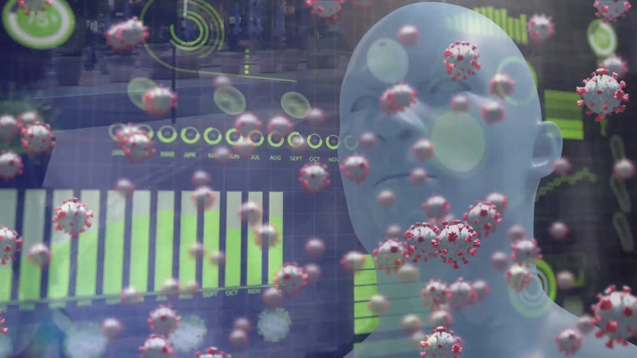 animación de células de covid 19 y procesamiento de datos sobre la cabeza humana