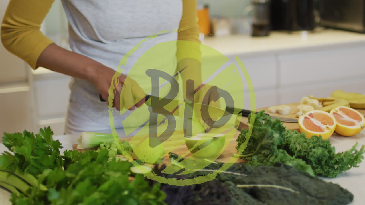 animación del texto de la biografía sobre la cocina de una mujer biracial