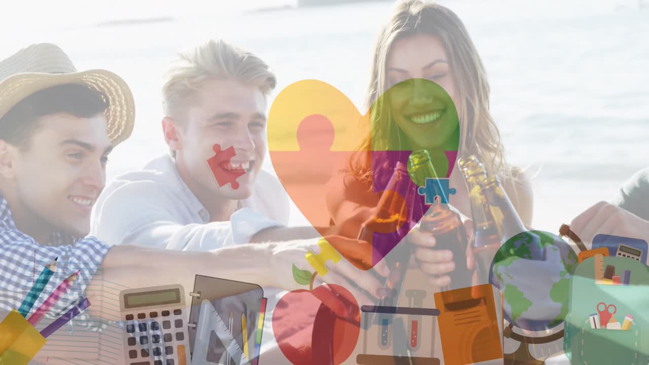 анимация красочных кусочков пазла и школьных икон над друзьями, пьющими пиво на пляжной вечеринке