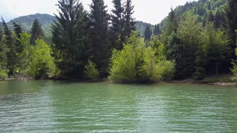 Toma-Panorámica-Aérea-De-Baja-Altitud-En-Movimiento-A-Lo-Largo-Del-Frente-Del-Lago-Con-árboles-En-Primer-Plano