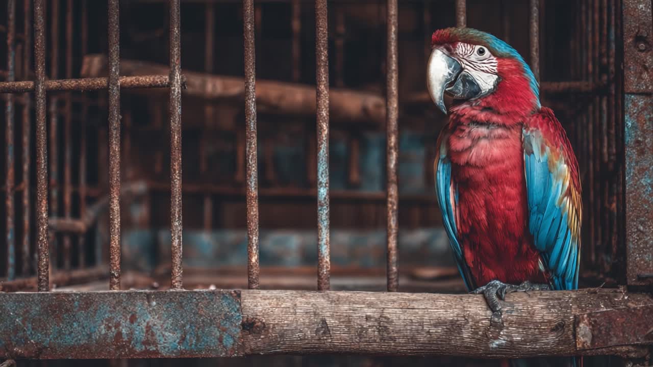 Captivating Colors: A Strikingly Vibrant Parrot Perched Within the Rusted Bars of an Old Cage, Reflecting on Freedom and Captivity