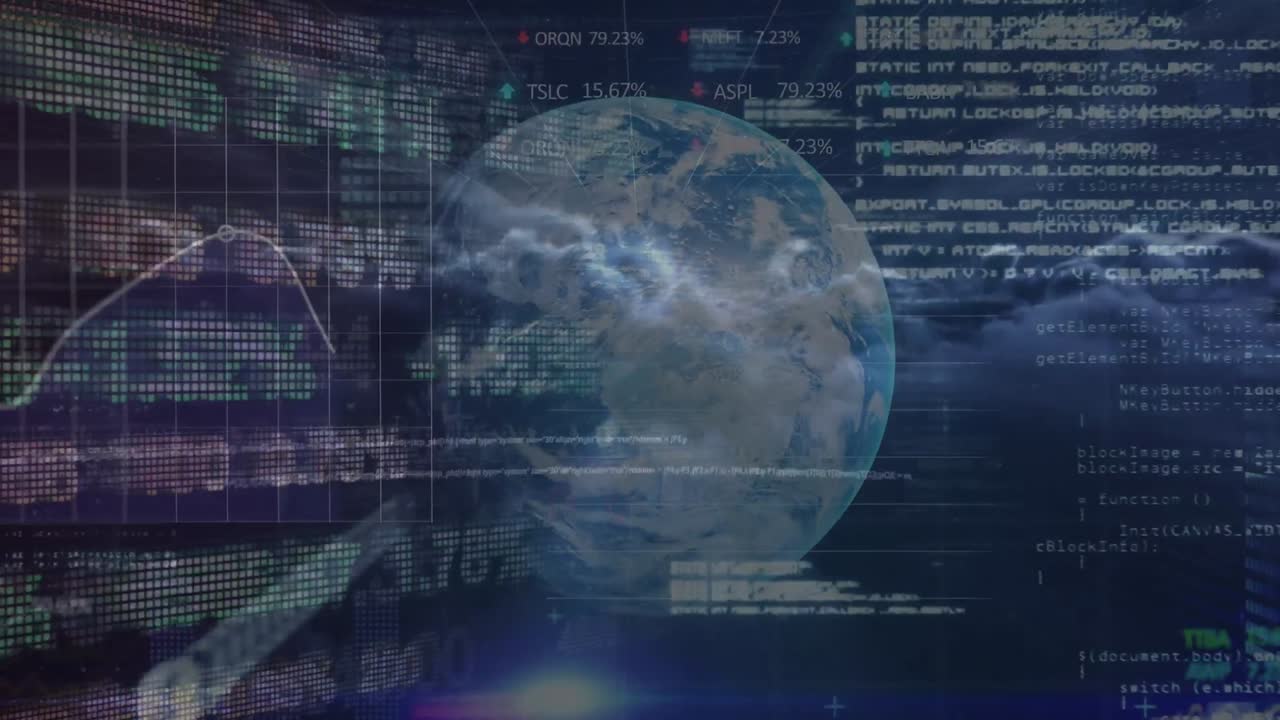 Stock market data processing against globe spinning