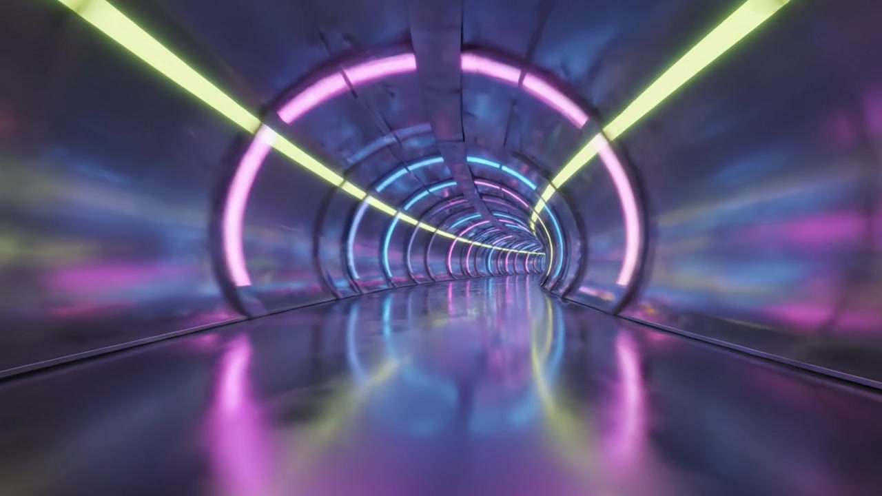 Un Tunnel Futuristico Illuminato da Vivaci Luci al Neon: Un Viaggio Attraverso un Passaggio Ipnotico di Colore e Riflessi.