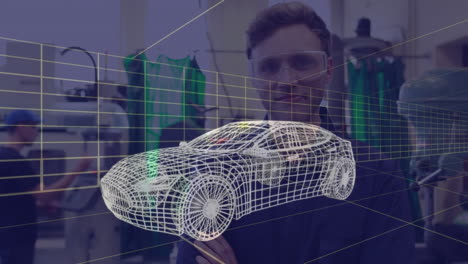 animación de un dibujo de coche en 3d sobre un hombre con gafas de protección