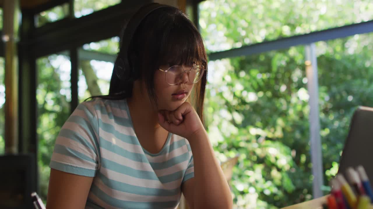 アジアの女の子がヘッドフォンをかけ ⁇ ラップトップを使って学習しています ⁇