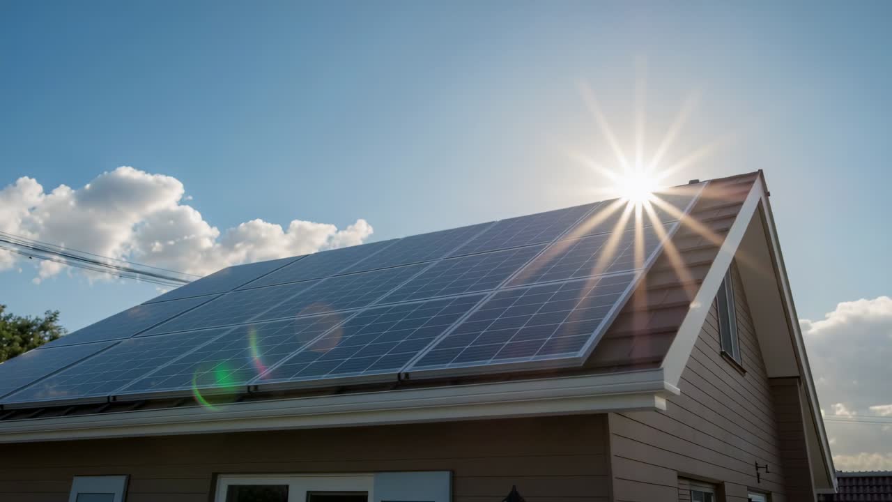 Panning camera showing home roof solar panel array reacting to sun starburst above gable lens flare