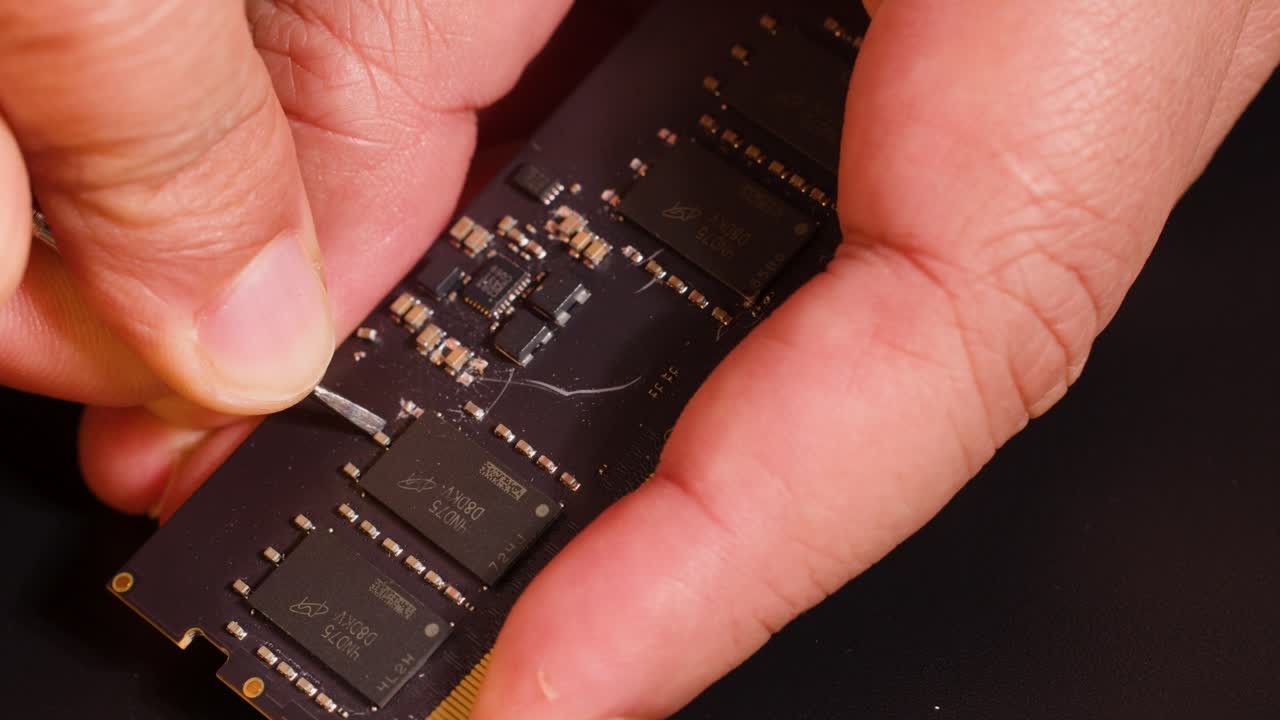 Close-up macro shot of hands using a metal tool to repair a computer memory module