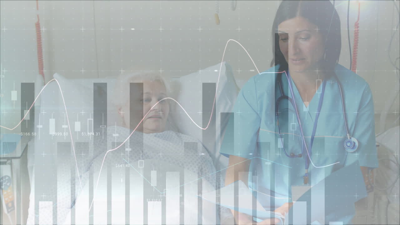 Animation of statistics and data processing over diverse female doctor and patient