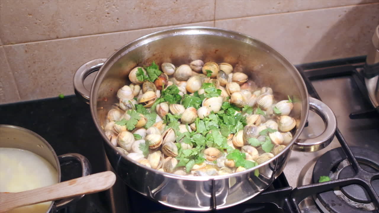 Close up shot of pot full of fresh clams and vegetables cooking on stove in kitchen