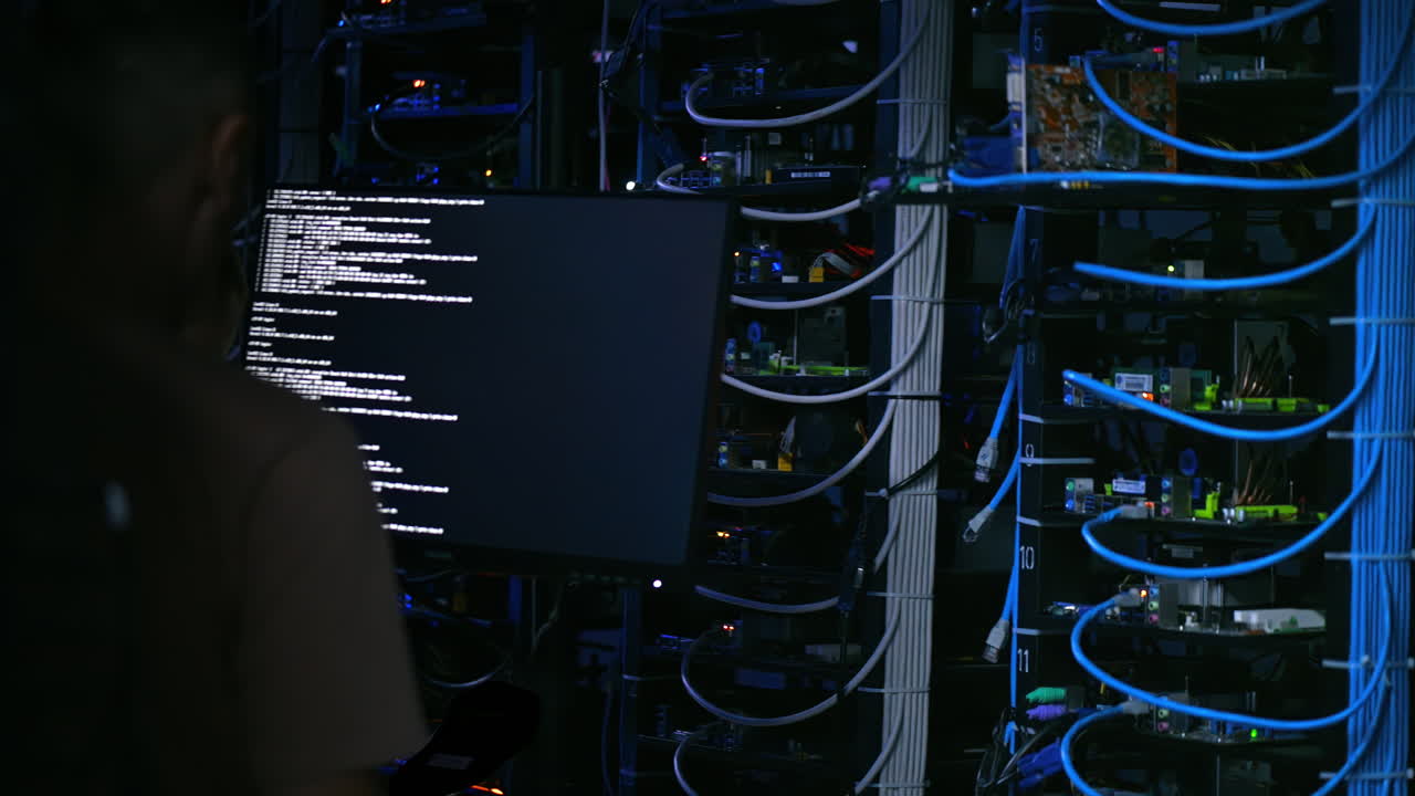 Man programming on a computer in a server room
