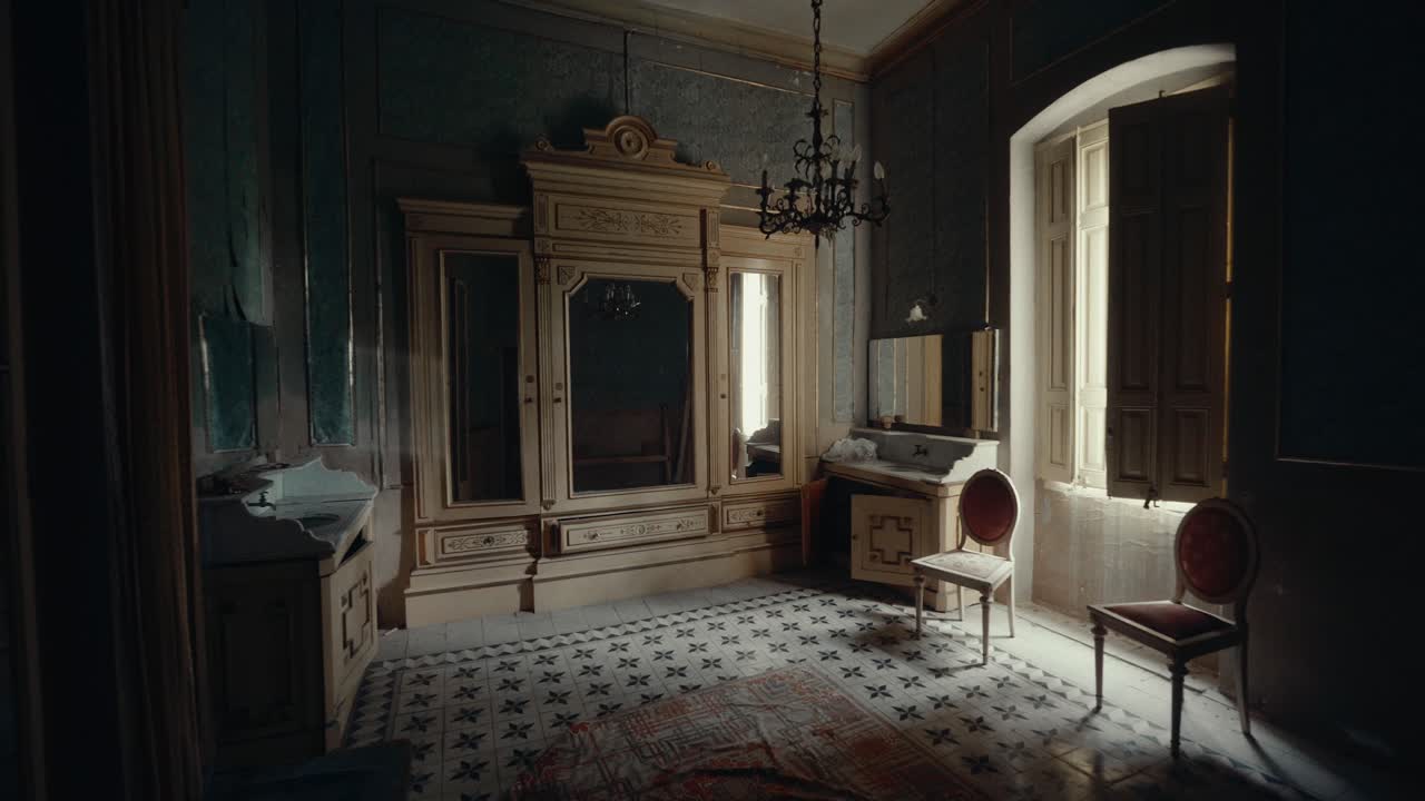 Old Abandoned Room with Vintage Wardrobe and Chandelier