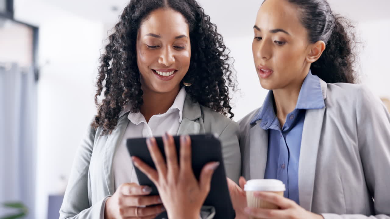 Tablet, friends or business women on social media