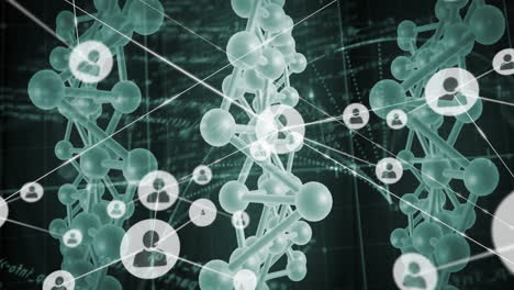 animation of network of connections with icons over molecules and data processing