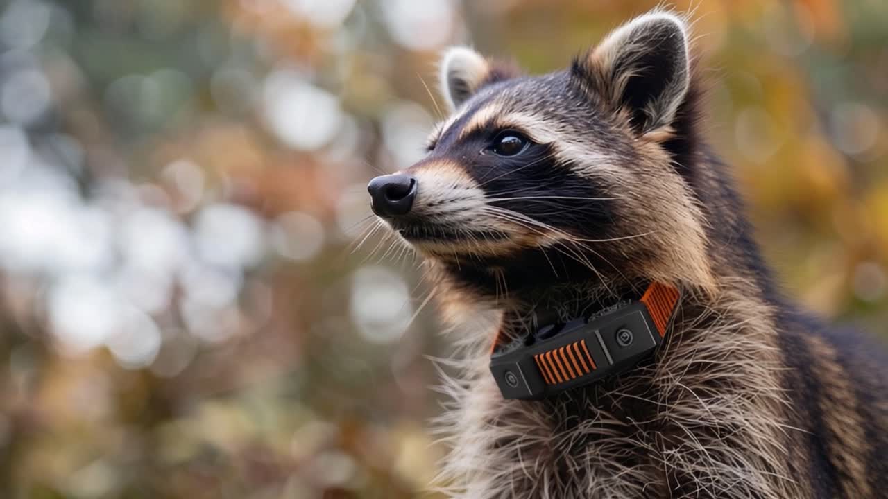 Raccoon wearing a collar